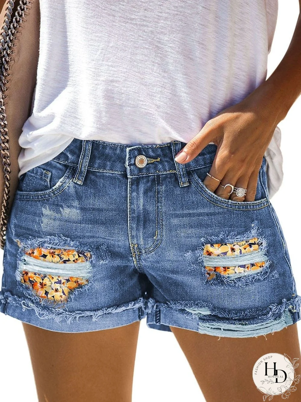 Stylish Distressed Denim Shorts with Floral Applique