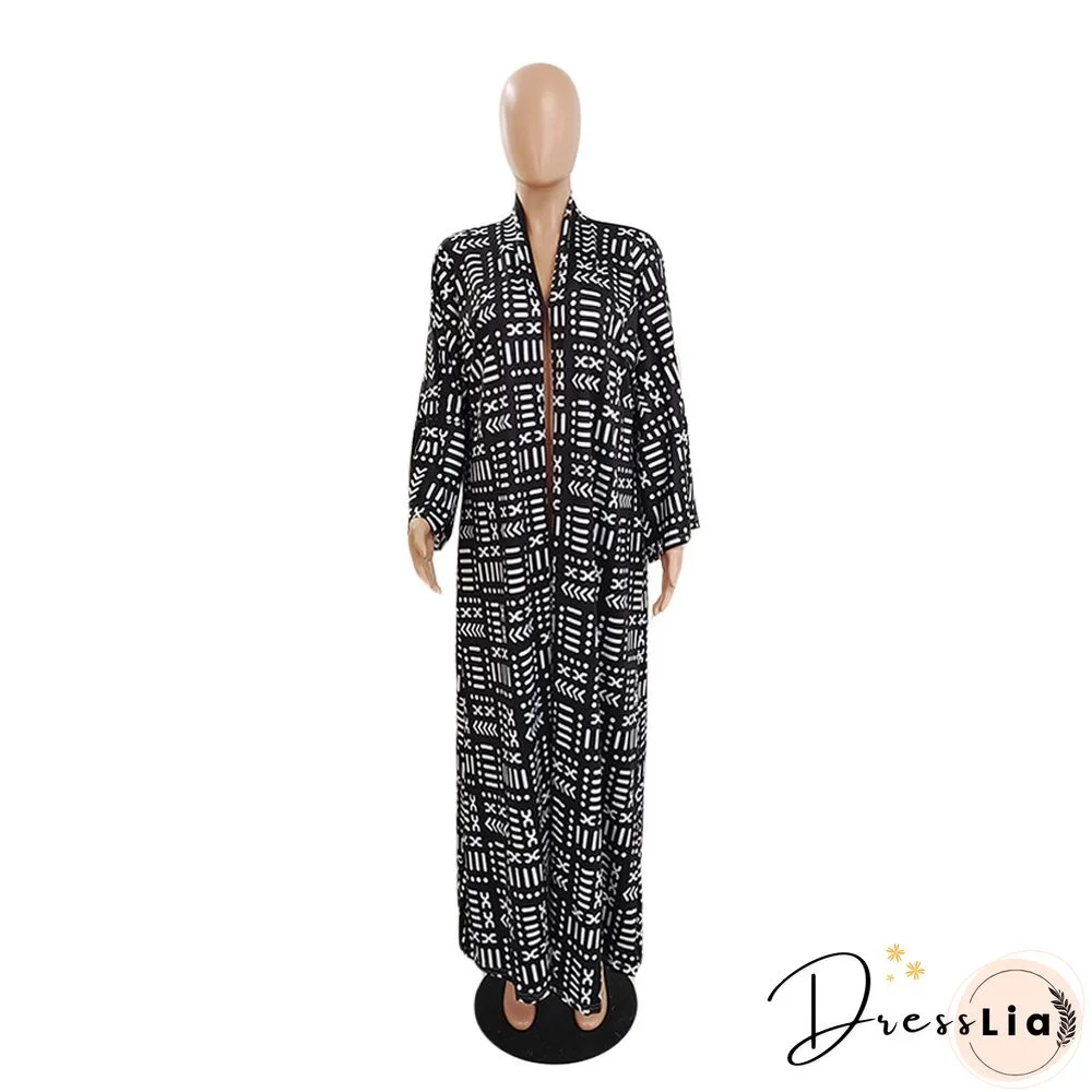 Printed Long Sleeve Open Front Long Cardigan Tops