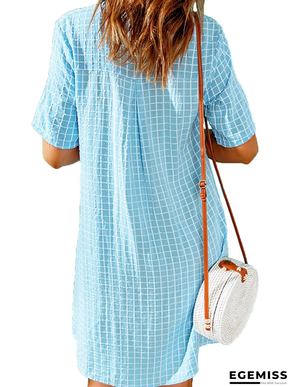 Women's Casual Shirt Short Skirt Lapel Plaid Loose Short Sleeve Dress White Dress | EGEMISS