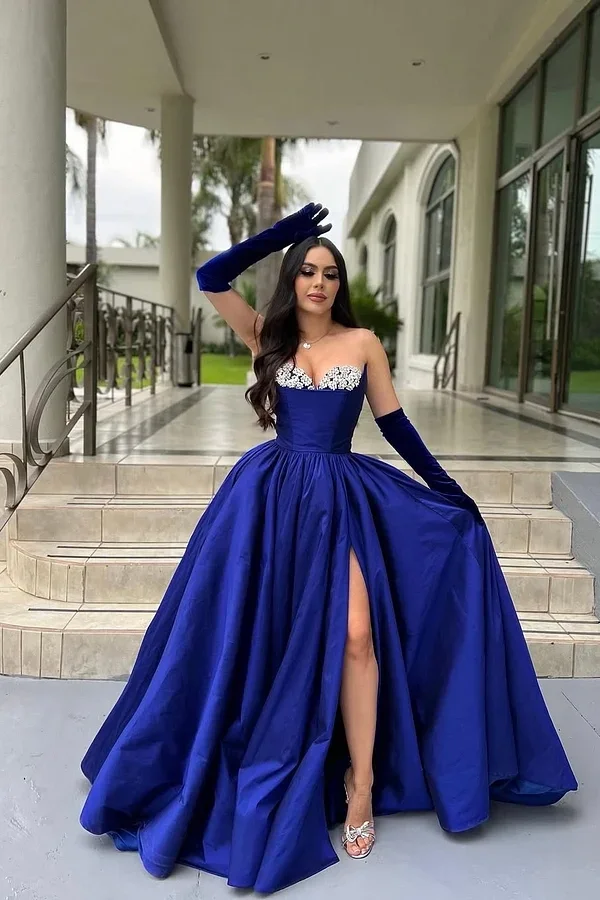 Daisda Royal Blue Strapless Sweetheart Beadeds Prom Dress With Long Gloves