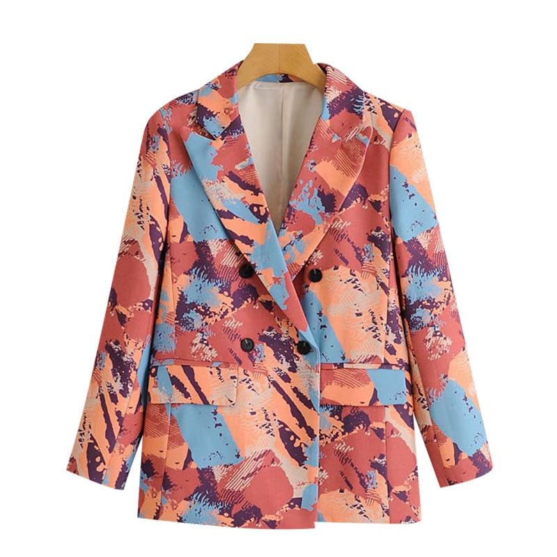 TRAF Women Fashion Double Breasted Print Blazer Coat Vintage Long Sleeve Pockets Female Outerwear Chic Tops