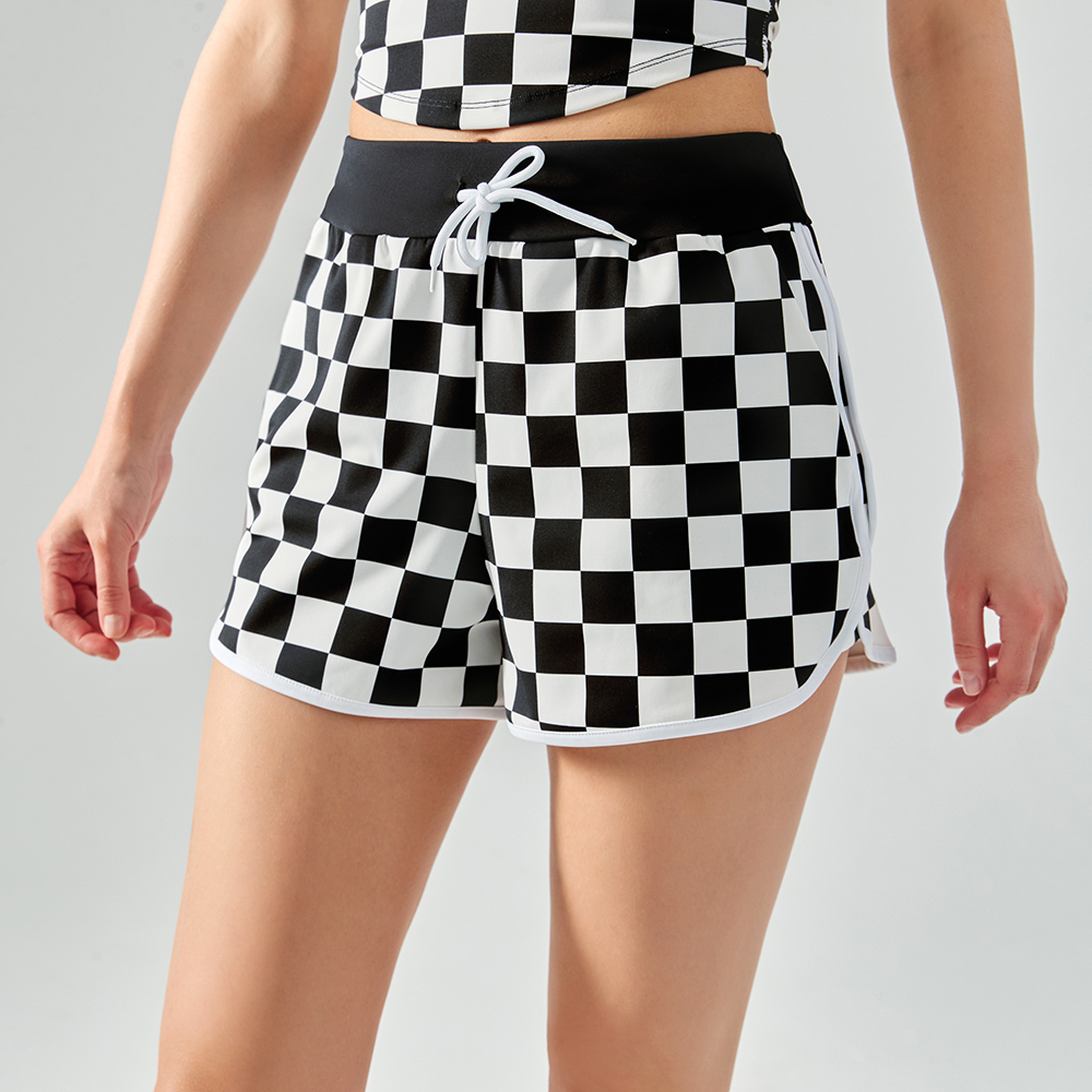 Buy different colors and types of women's checkerboard print soft drawstring workout gym loose yoga shorts on Hergymclothing Black White Plaid