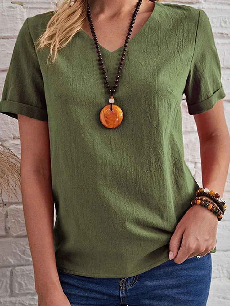 Women's Solid Color Small V-Neck Cotton Linen Top