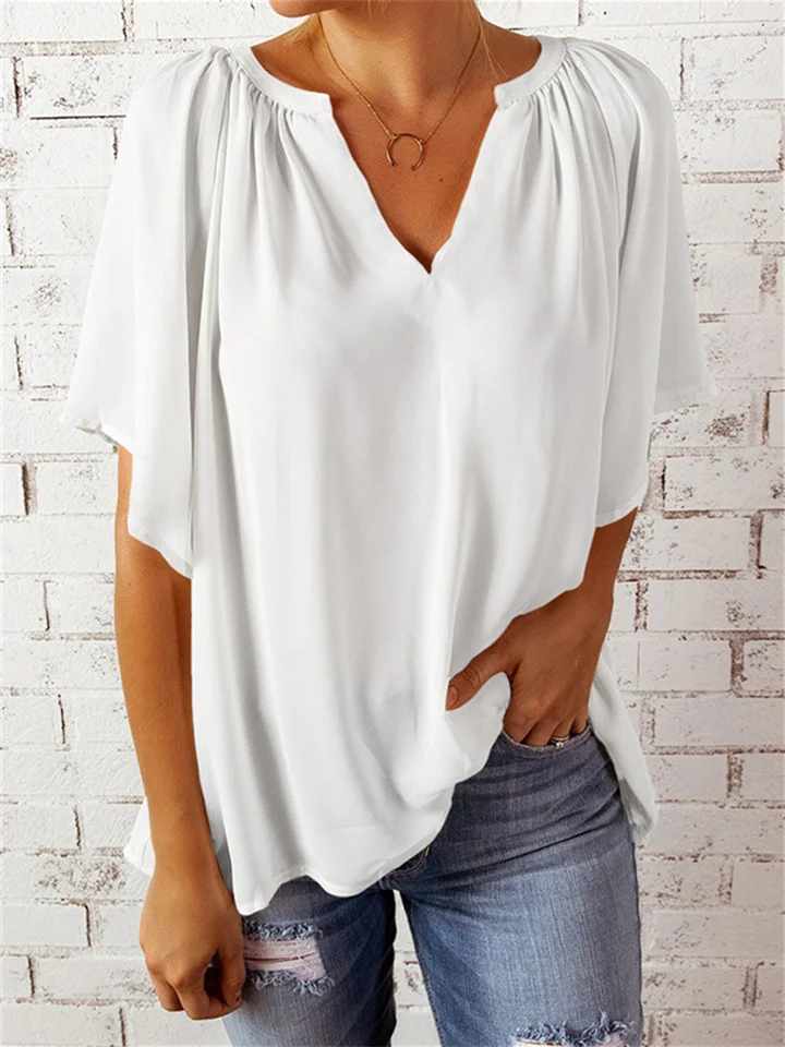 Summer Loose V-neck Tops Casual Women's T-shirt Chiffon Shirt-Cosfine