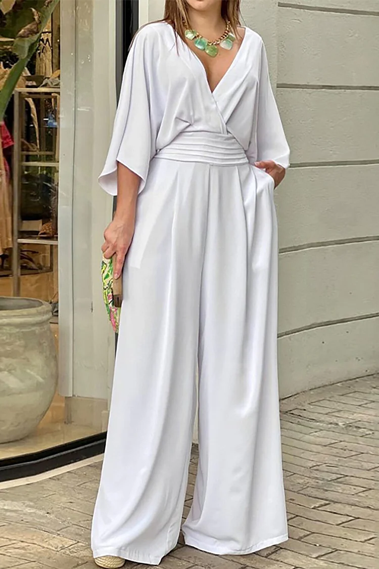 Deep V Neck 3/4 Sleeve Cinch Waist Wide Leg Solid Color Casual Jumpsuit-White