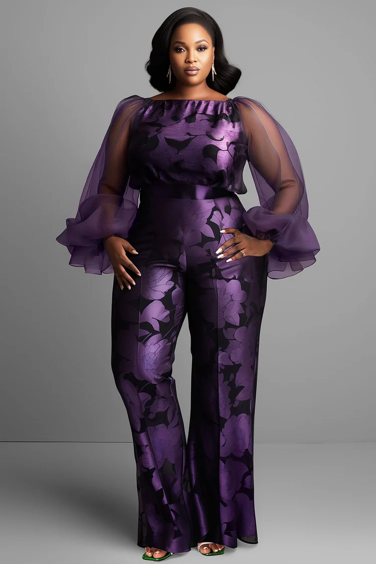 Xpluswear Design Plus Size Formal Purple Floral Boat Neck Lantern Sleeve Long Sleeve See Through Elegant Satin Tulle Jumpsuits [Pre-Order] 2024 - Xpluswear