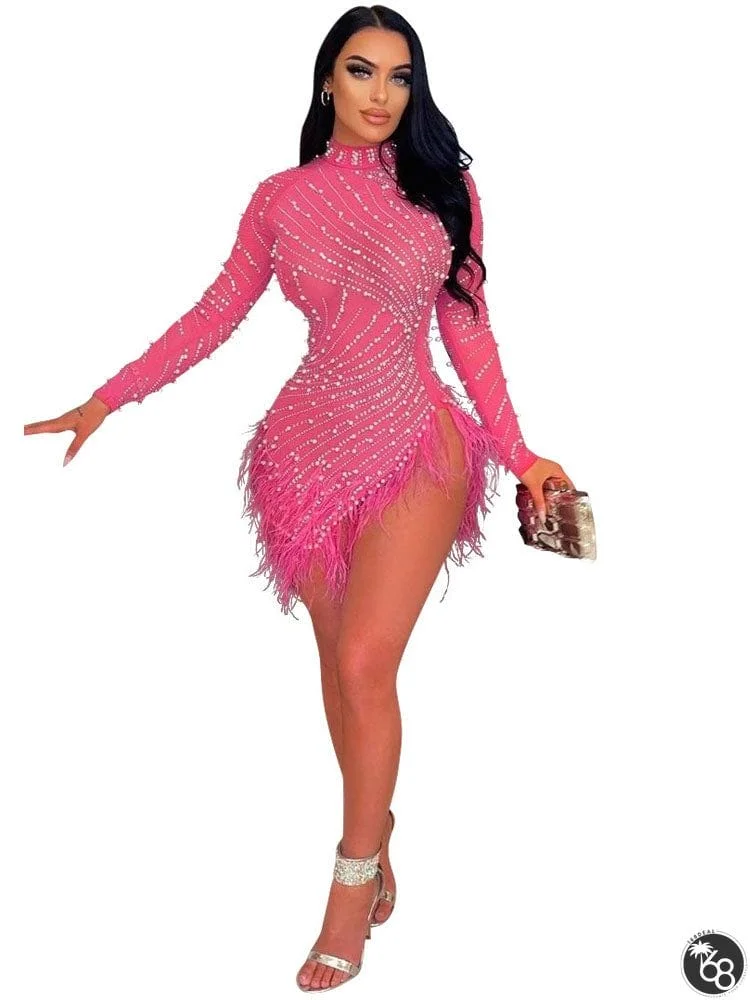 Long Sleeve Rhinestone Feather Mini Dresses | 168DEAL