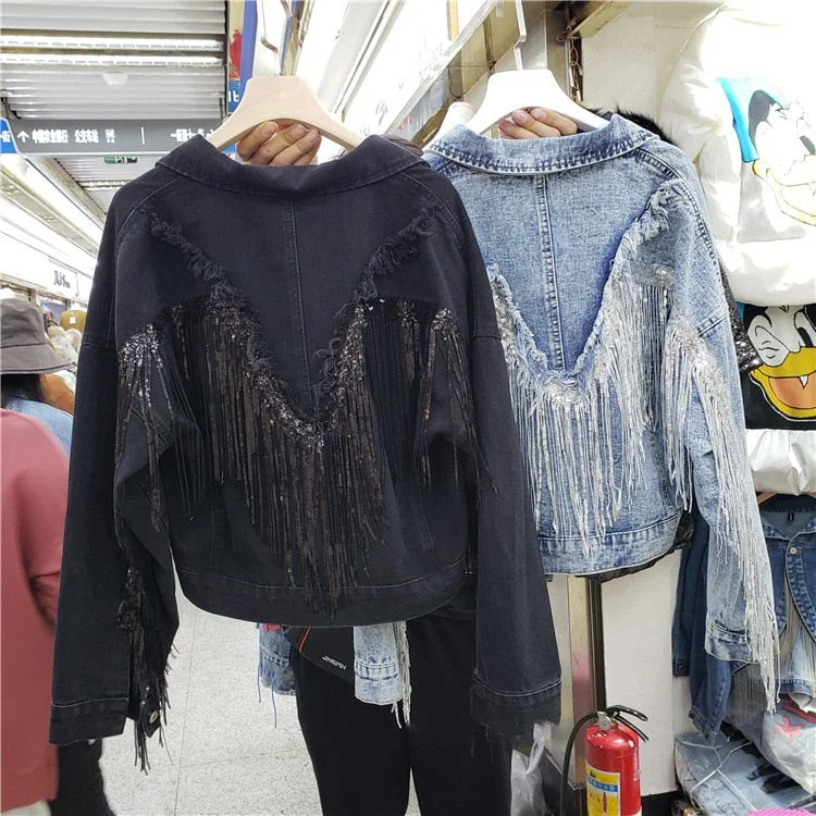 2021 Autumn Streetwear Denim Jacket Women Sequins Chain Tassel Veste Femme Black Loose Short Jeans Coats Outwear Chaquetas Mujer