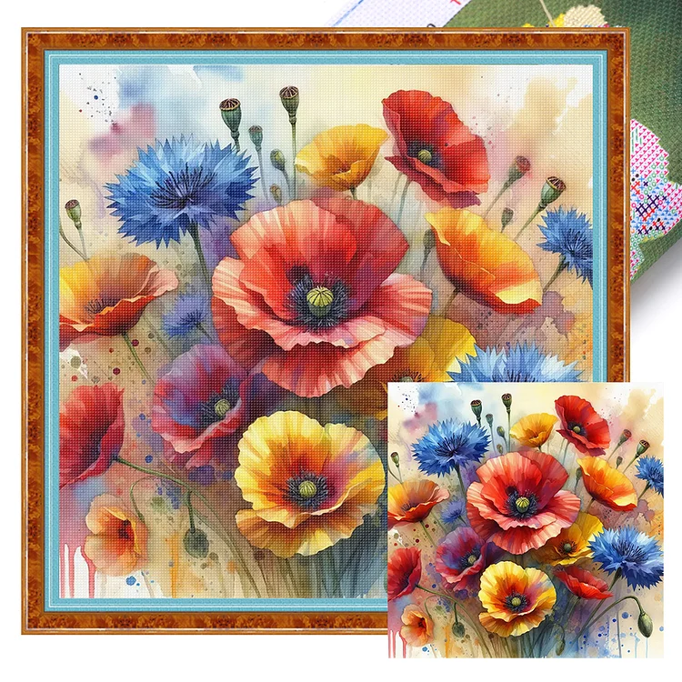 【Huacan Brand】Poppy 40*40cm 11CT Stamped Canvas Cross Stitch gbfke