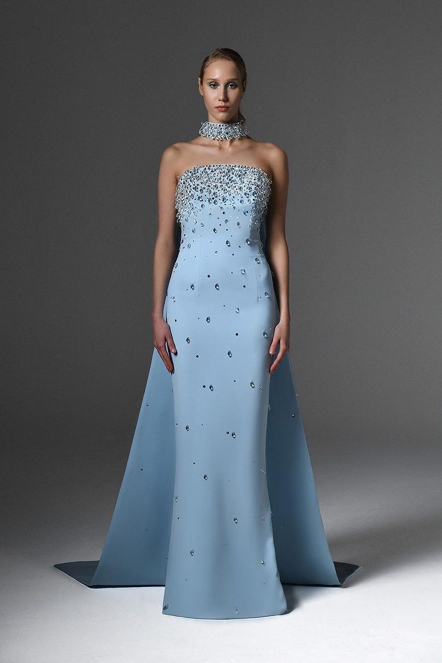 Lvs&Broner Sky Blue Halter Strapless Sleeveless Long Prom Dress With Beading