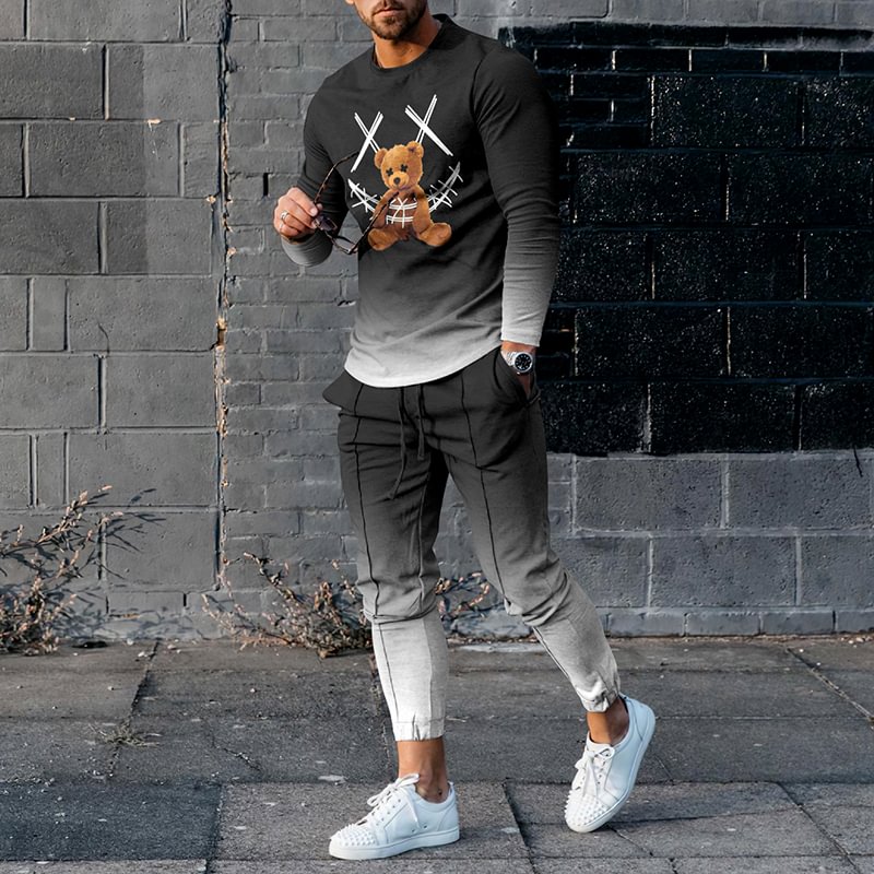 Casual Smiley Bear Print Gradient Long Sleeve T-Shirt And Pants Co-Ord