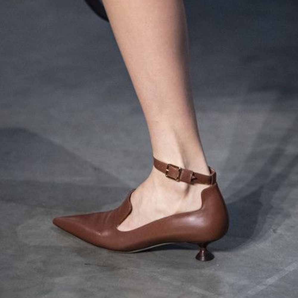 Brown Pointed Toe Loafer-Inspired Ankle Strap Low Heel Pumps Nicepairs