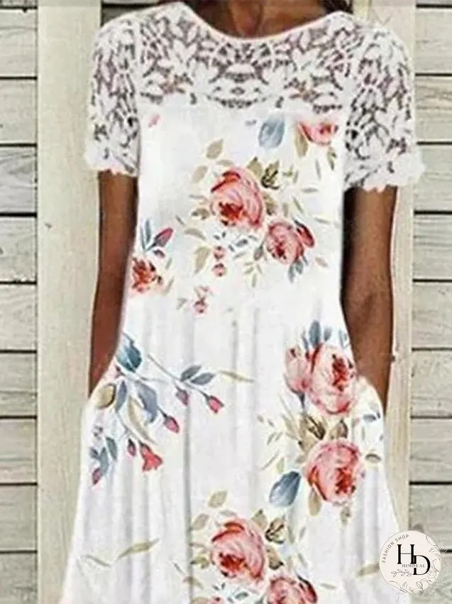 Casual Dress Summer Dress Print Dress Floral Lace Ruched Crew Neck Lace Sleeve Midi Dress Active Fashion Outdoor Daily Short Sleeve Regular Fit White Summer Spring S M L XL XXL for Women