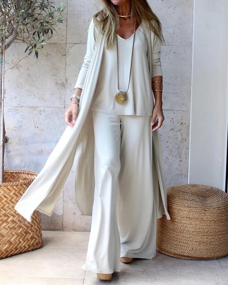 Solid Color Cardigan & V-Neck Sling Top & Casual Trousers Three Piece Set