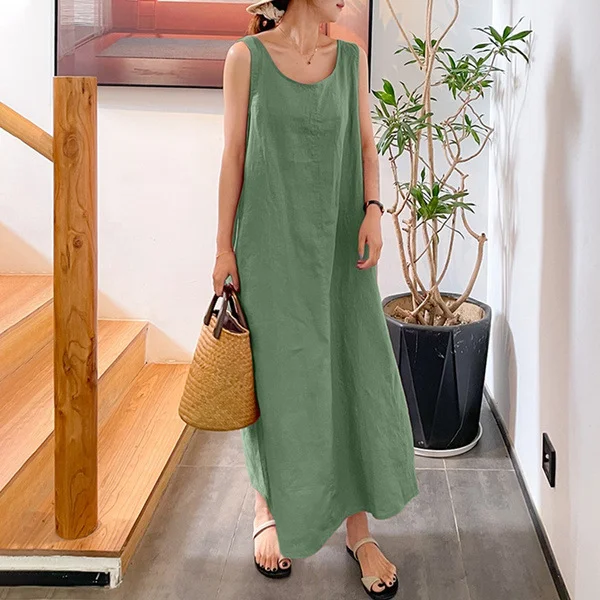 Women's Summer Solid Dress Sleeveless Crew Neck Holiday Maxi Dress