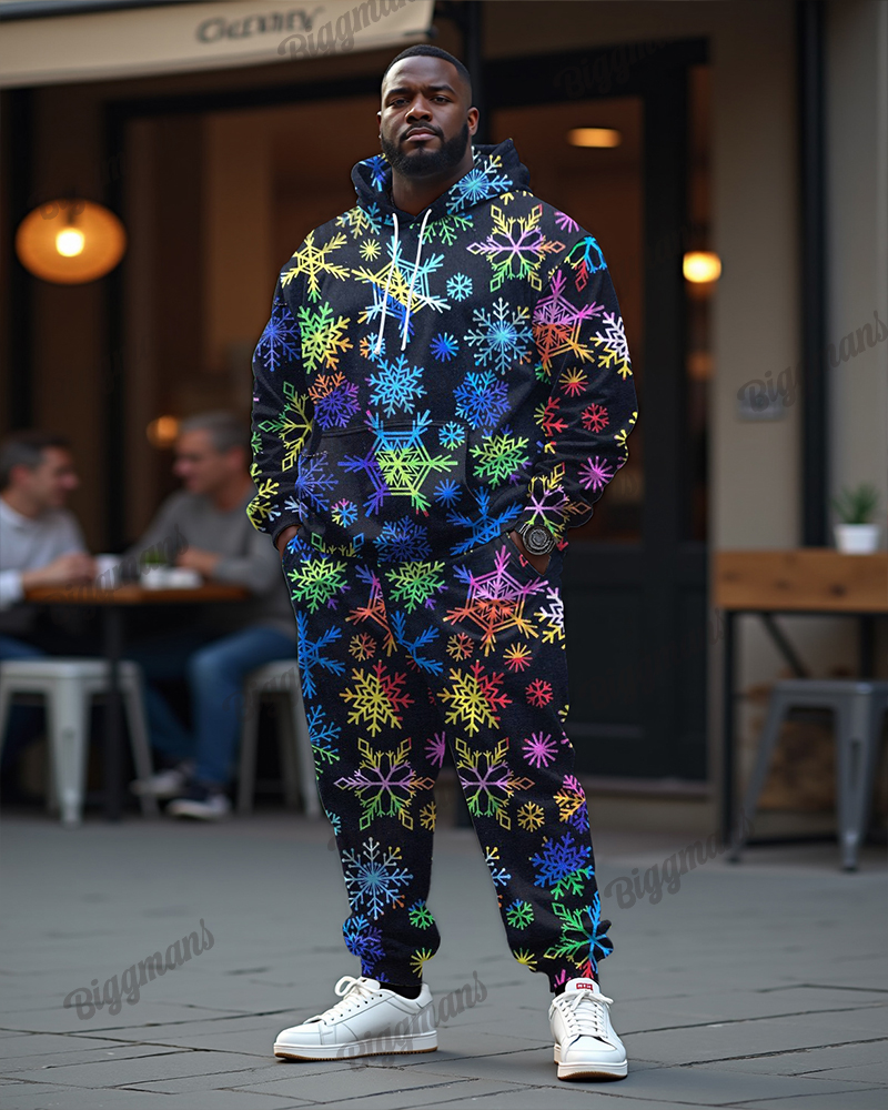 Couple Fashion Casual Plus Size Christmas Colorful Snowflake Hoodie Suit