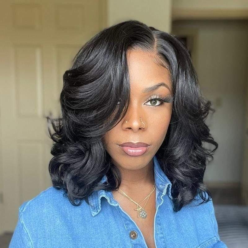 100% Human Hair 13x1 HD Lace Wig Natural Balck Wave Bob Hair