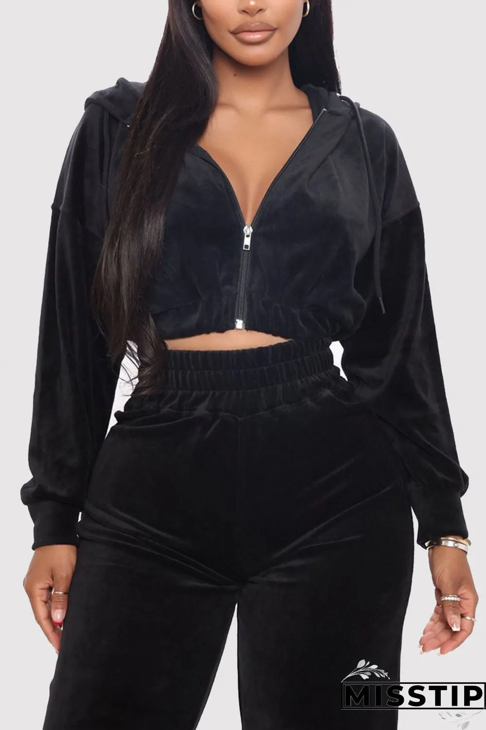Grey Casual Flocking Solid Pants Zipper Collar Long Sleeve Regular Sleeve Short Two Pieces
