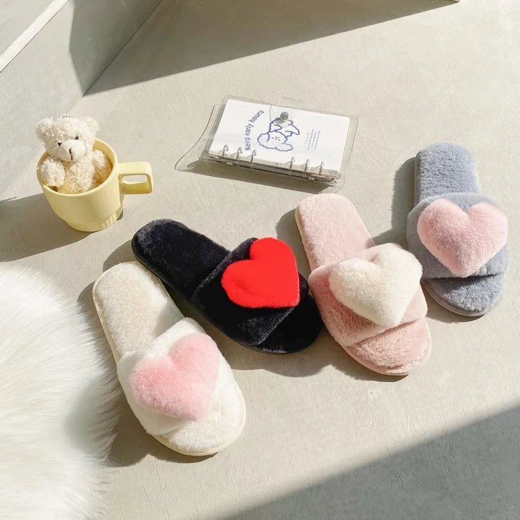 Wongn Wongn Slippers Women 2023 Winter New Korean Version Of Love Plush Warm Flat Cotton Slippers Home Slippers Women