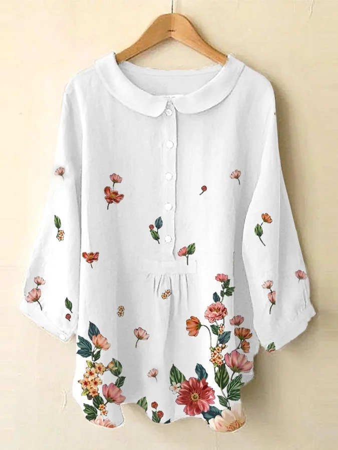Women's Cotton Linen Floral Printed Seven Sleeve Shirt