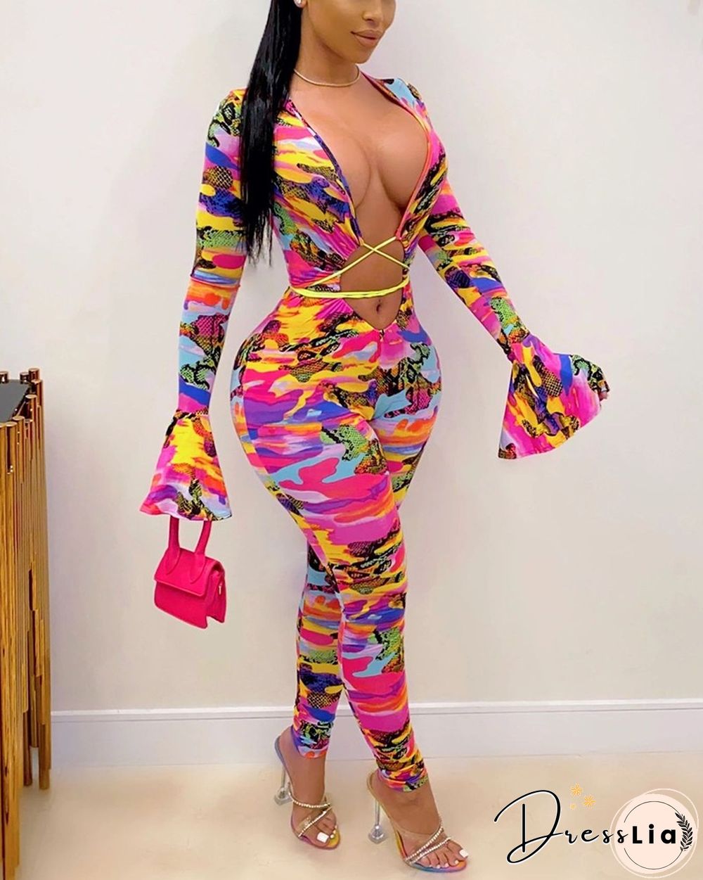 Tie Dye Flared Sleeves Lace-up Bodycon Jumpsuit