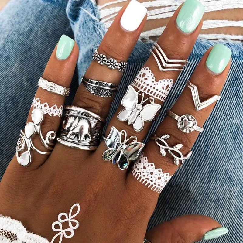 Women plus size clothing 16-piece Turquoise Drop-shaped Starfish Vintage Joint Rings Set Wholesale Cheap Jewelry-Nordswear