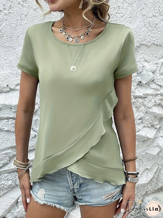 T shirt Tee Black Blue Green Plain Ruffle Short Sleeve Daily Weekend Basic Round Neck Regular S for Women