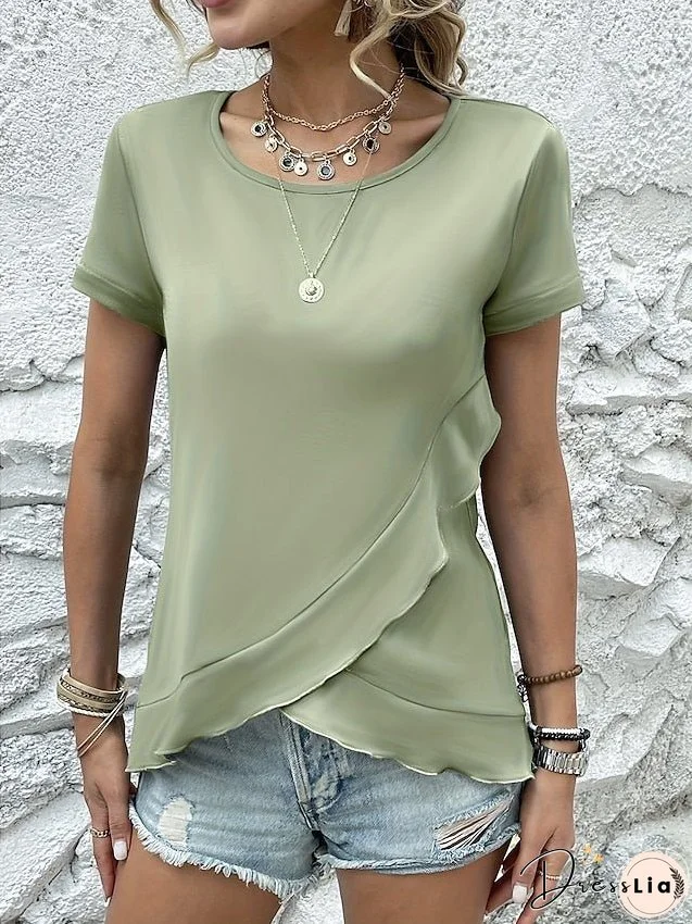 T shirt Tee Black Blue Green Plain Ruffle Short Sleeve Daily Weekend Basic Round Neck Regular S for Women