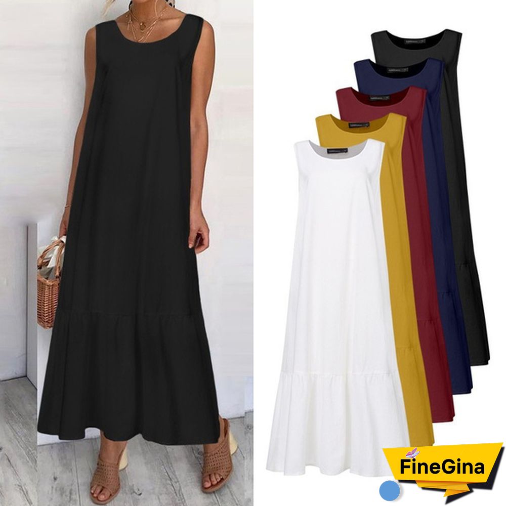 Womens Sleeveless Vest Long Dress O Neck Solid Color Party Casual Loose Summer Maxi Dresses Plus Size