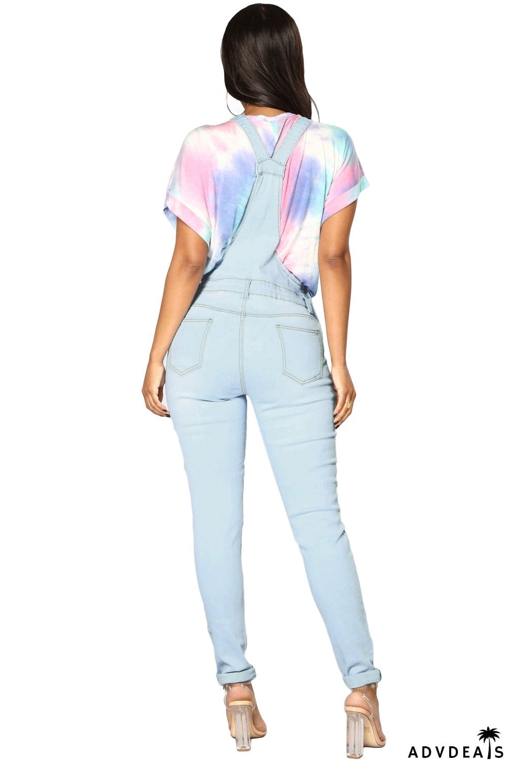 Light Blue Wash Knee Slit Denim Overalls