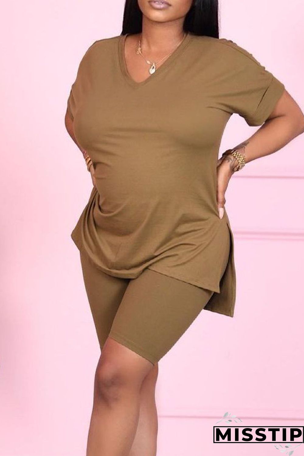 Khaki Casual Solid Patchwork V Neck Short Sleeve Two Pieces