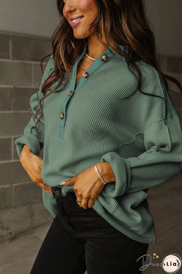 Smoke Green Waffle Patchwork Drop Sleeve Henley Top
