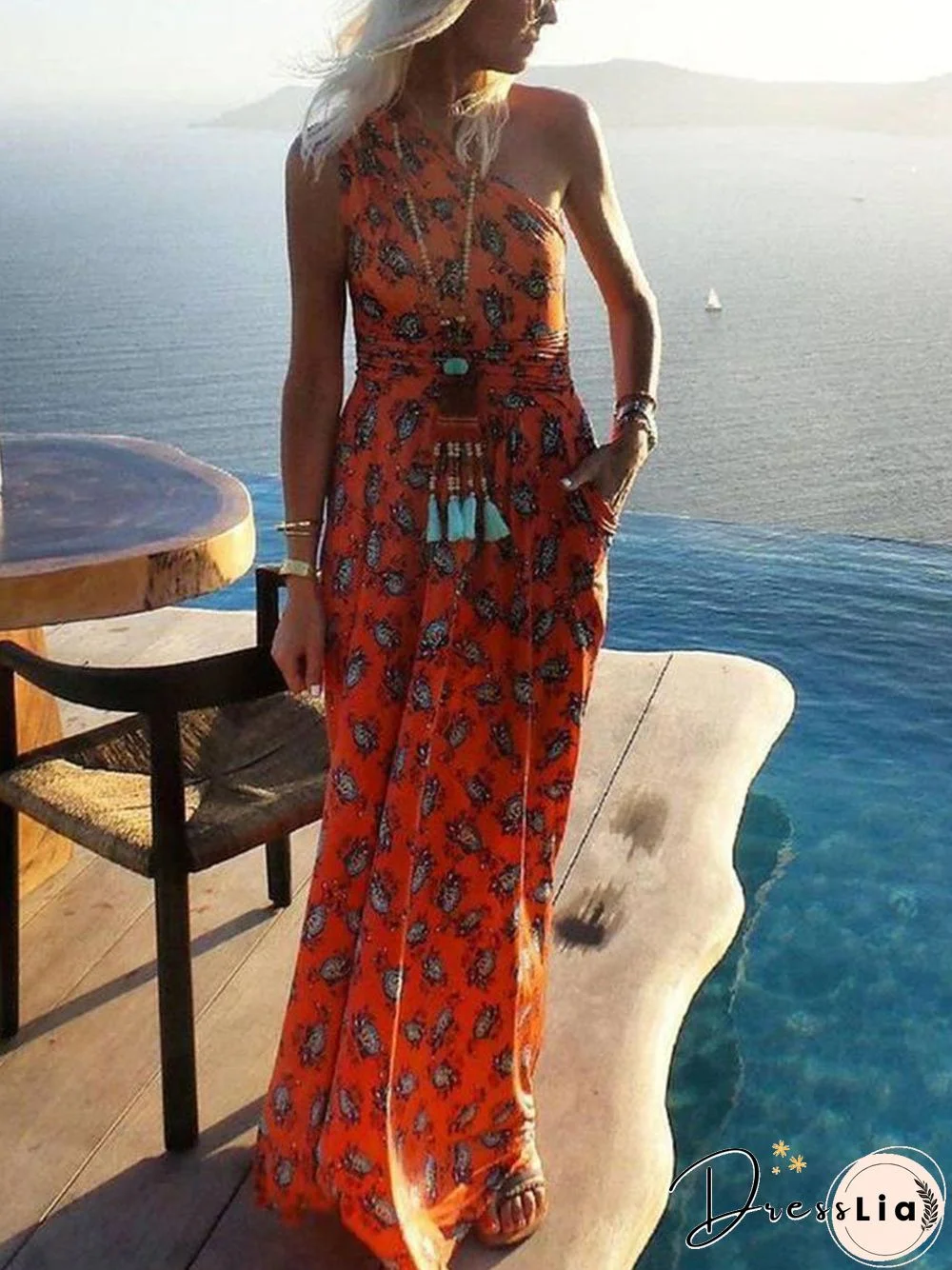 Fashion Floral Printed One Shoulder Maxi Dress P11564