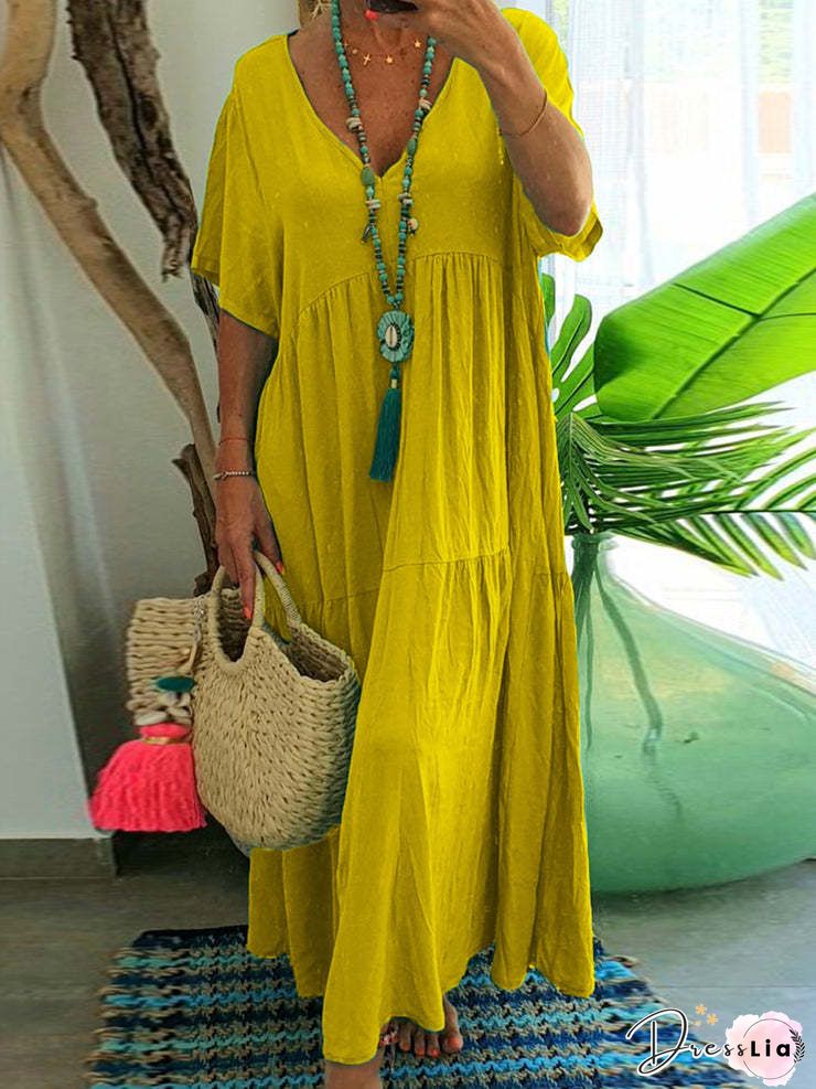 Yellow Plain Short-Sleeved Pockets Dress