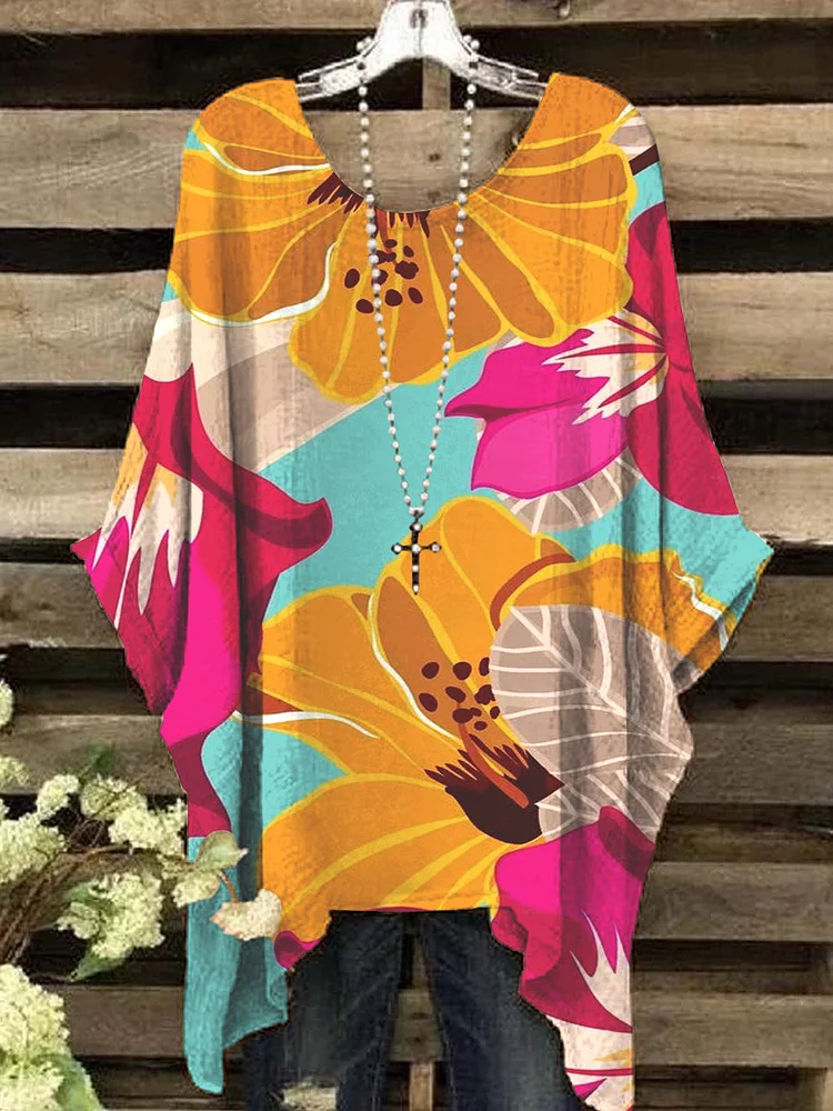 Womens Vintage Abstract Floral Pattern Crew Neck Top