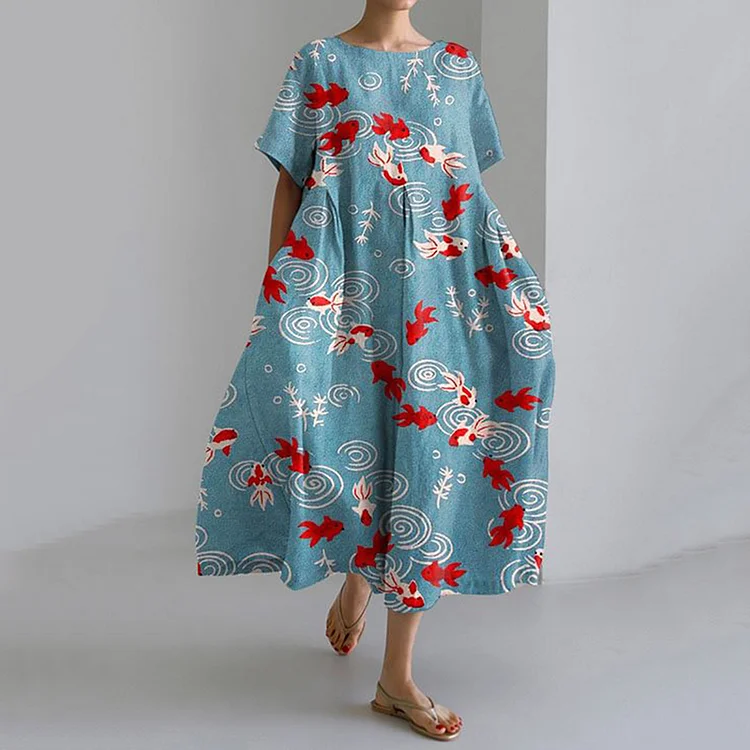 Japanese Art Goldfish Print Short Sleeve Midi Dress