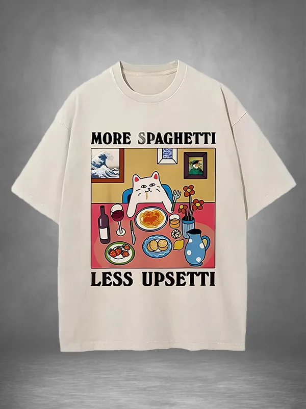 Men's More Spaghetti Less Upsetti Cat Print Casual Washed T-Shirt