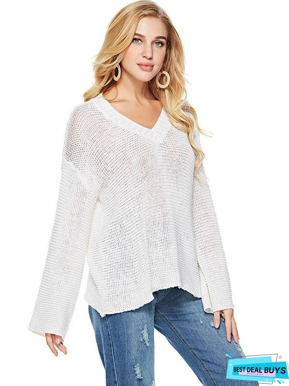 Sexy Long Sleeve Solid Color V-Neck Sweater Tops