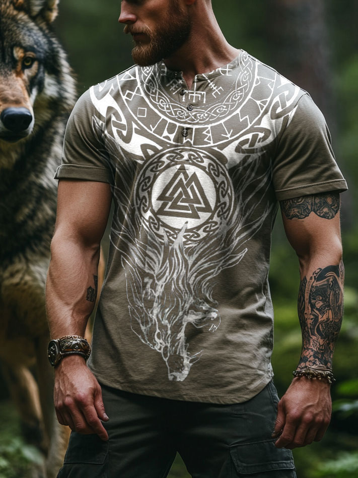 Men's casual short-sleeved Viking totem Valknate giant wolf / Rvogue / Rvogue