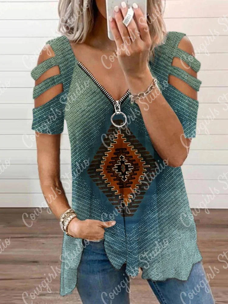 V-Neck Ethnic Style Retro Geometric Print Ladies Casual Off Shoulder Top