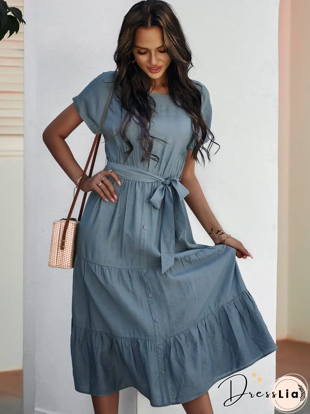 Short Sleeve Round Neck Wrap Tie Waist Maxi Dress
