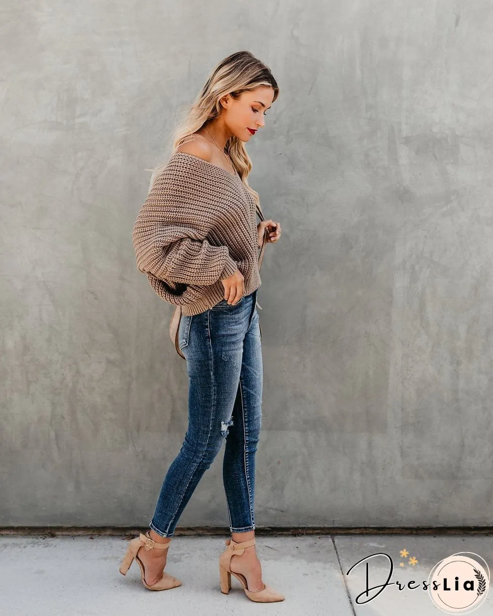 Indianred Loose Long Sleeve Knit V-Neck Sweater