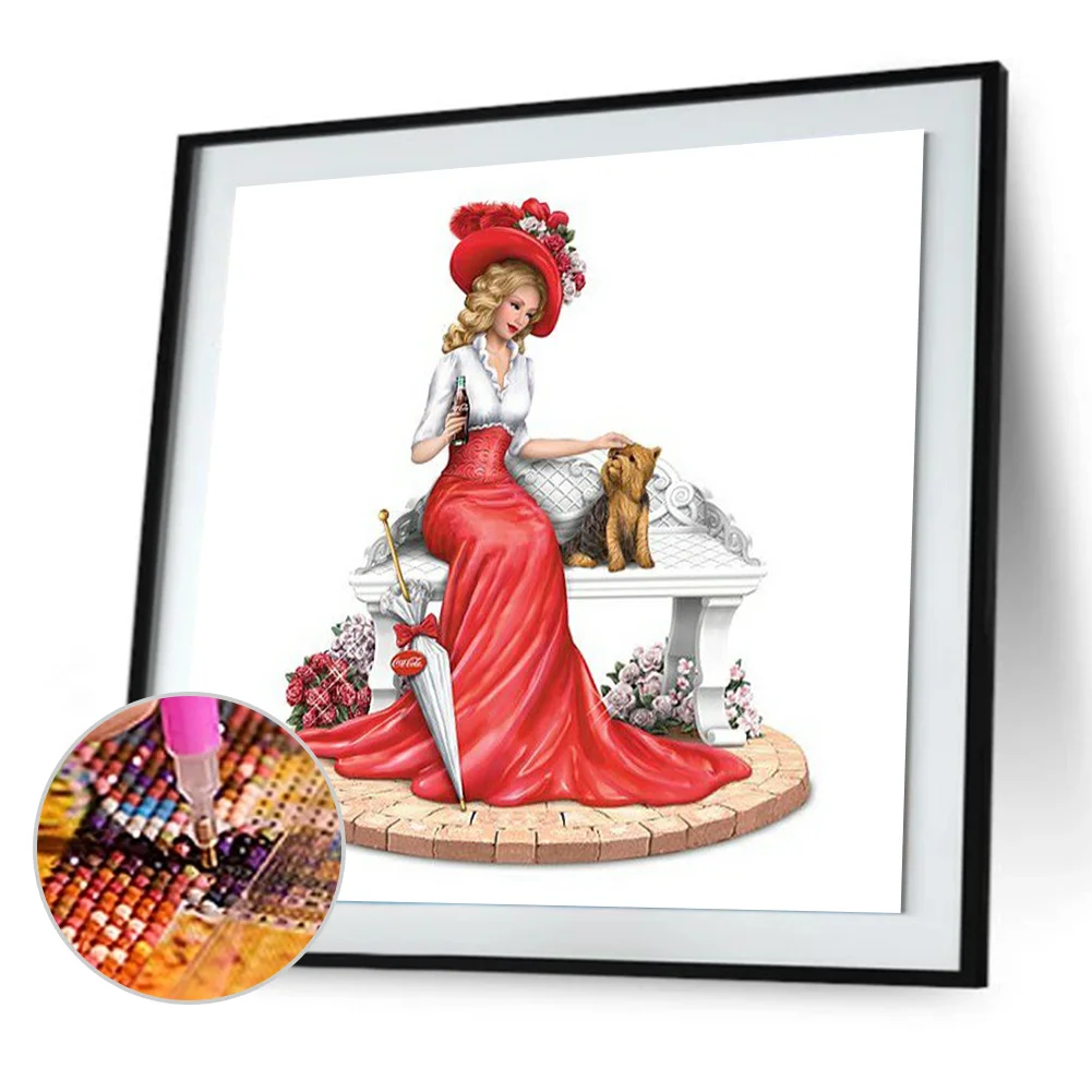 Full Round Diamond Painting 40*40cm - Red Cat-Patting Dress For Women