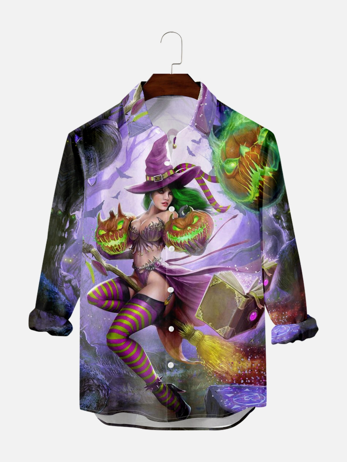 Men's Halloween Magic Witch Pattern Long Sleeve Shirt PLUSCLOTHESMAN