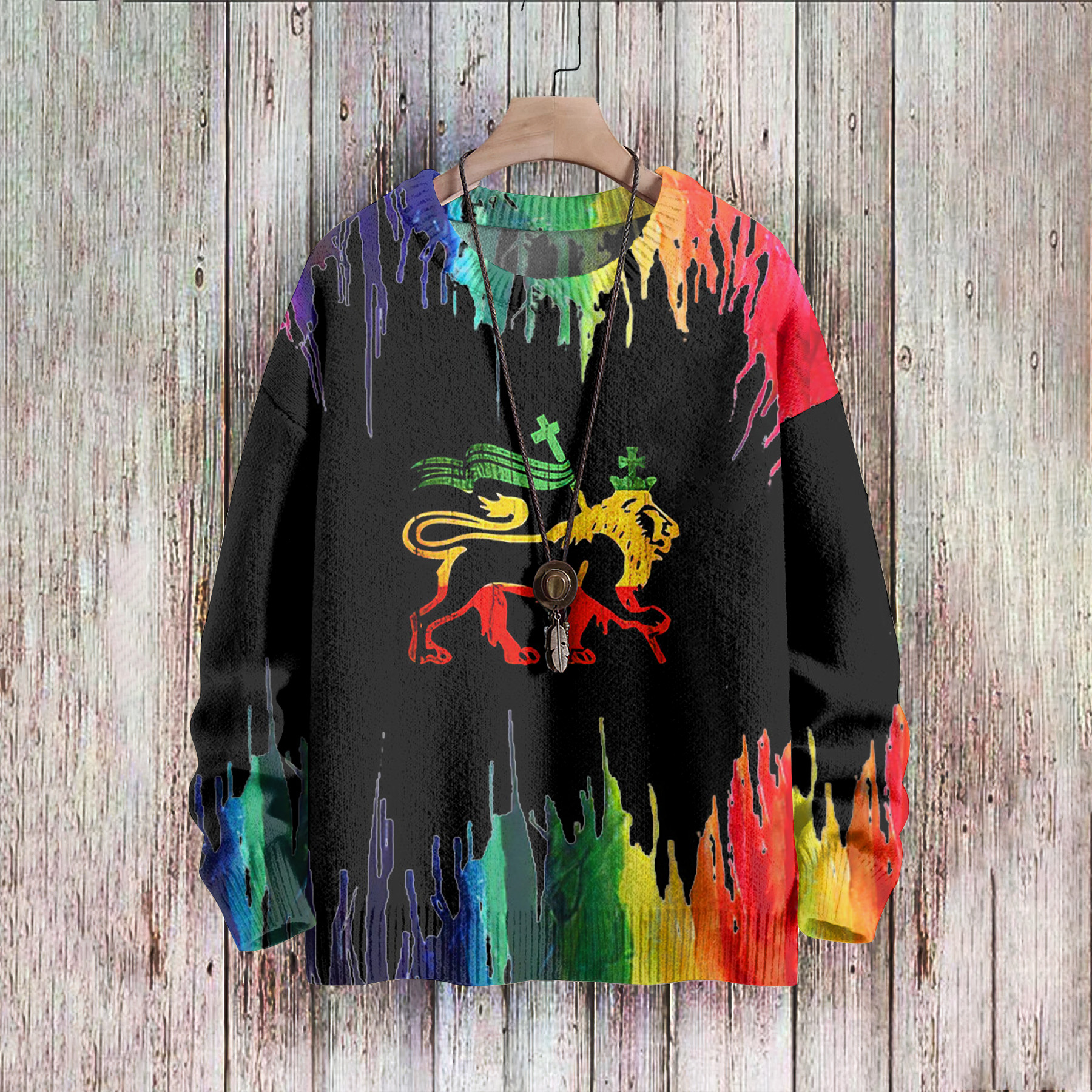 Men'S Rasta Lion Splash Pattern Casual Sweater wearshes