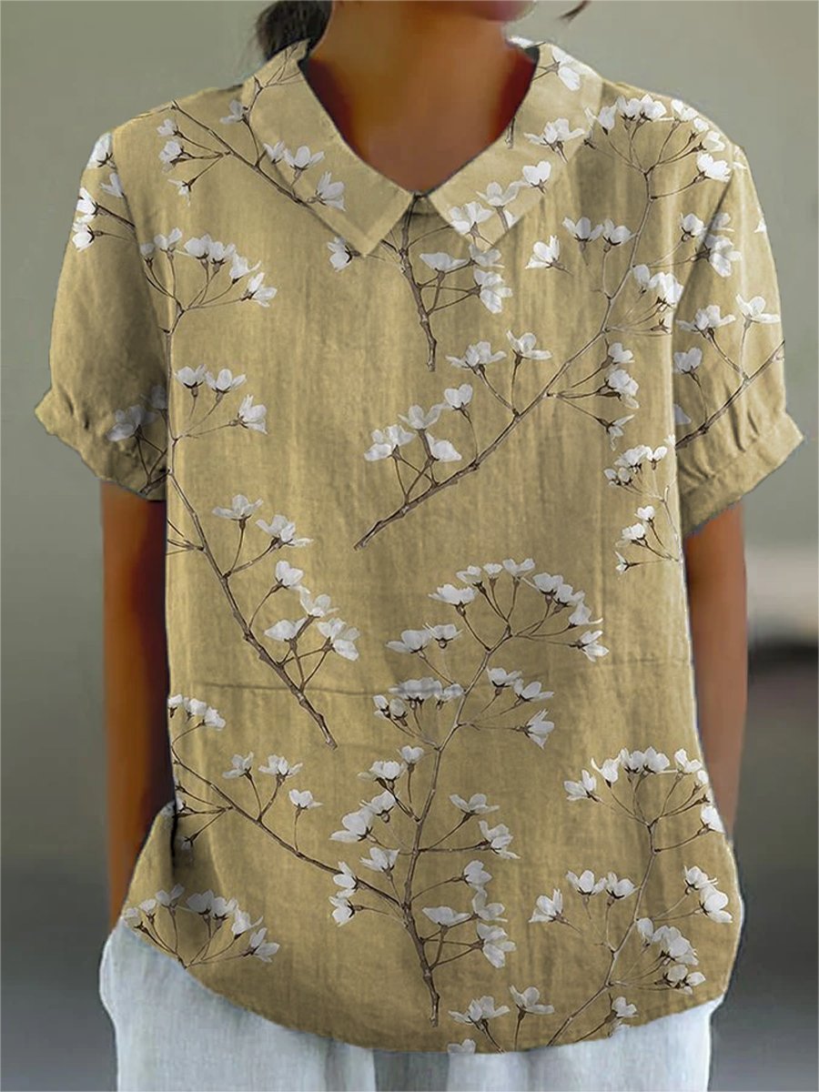 Women's Small White Flowers Print Casual Cotton And Linen Shirt