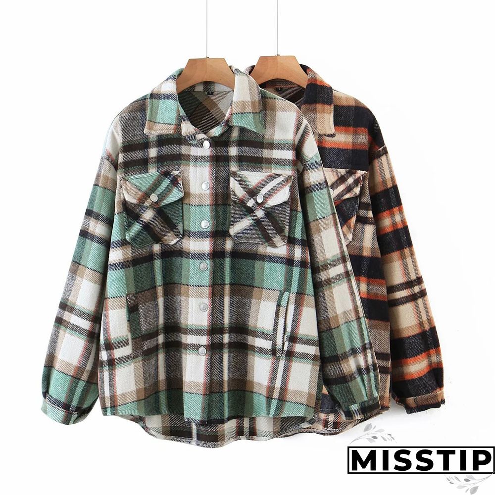 Classic Thick Colorblock Checked Button Down Shirt Jacket Woolen
