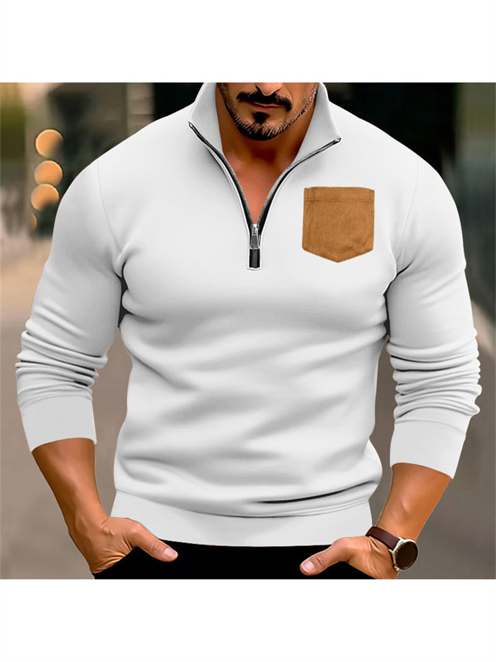 Casual Men's Solid Color Half Zipper Sweater Stand-up Collar Patch Pocket Decoration Padded Pullover Slim Tops Male