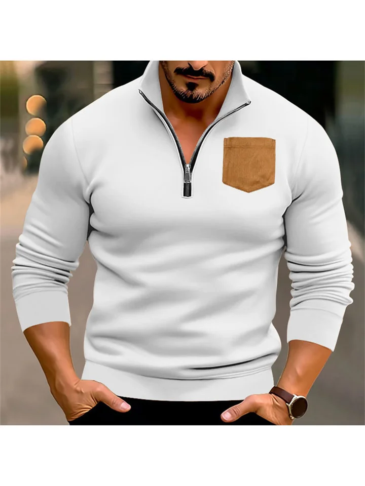 Casual Men's Solid Color Half Zipper Sweater Stand-up Collar Patch Pocket Decoration Padded Pullover Slim Tops Male-Mixcun