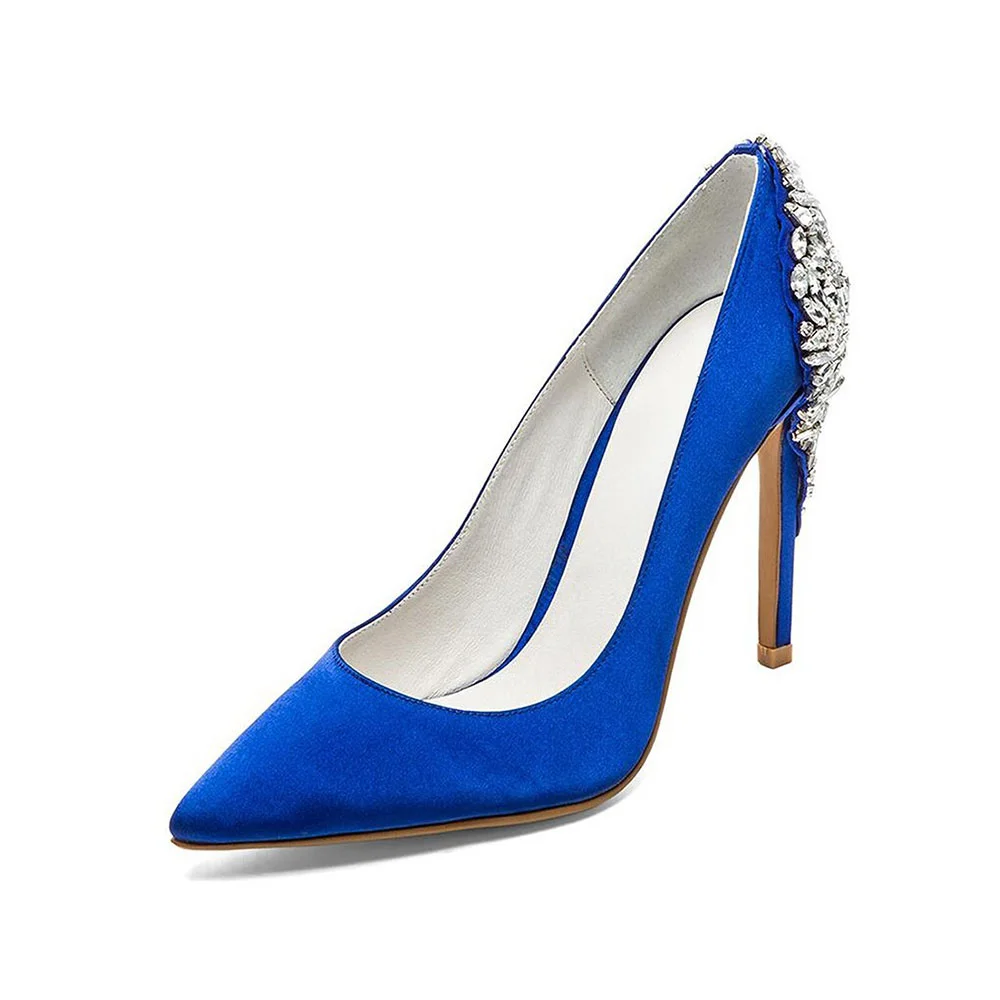 Women's Blue High Heels Pointed Toe Pumps Shoes with Rhinestones